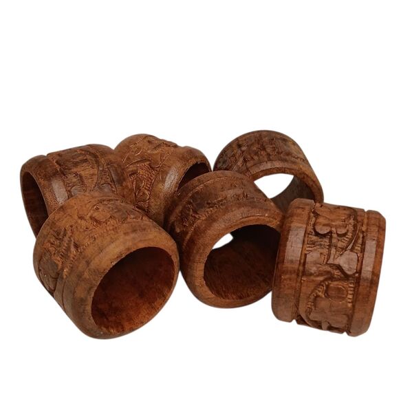 Vintage Wooden Napkin Rings Hand Carved Floral Leaf Design Rustic Boho Set Of 6 - Picture 6 of 12